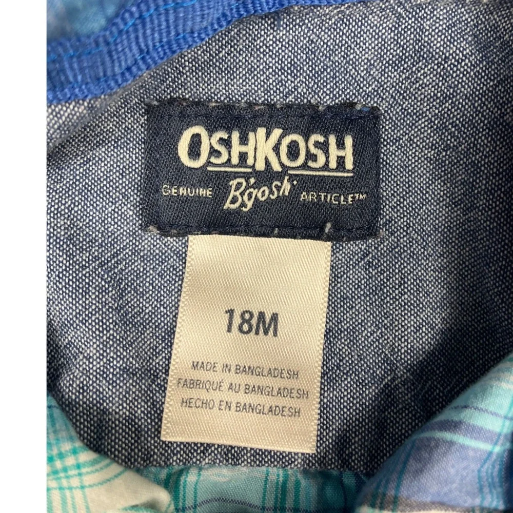 OshKosh Bgosh Baby Boy Blue Plaid Long Sleeve Button Down Bodysuit 18M RN96367